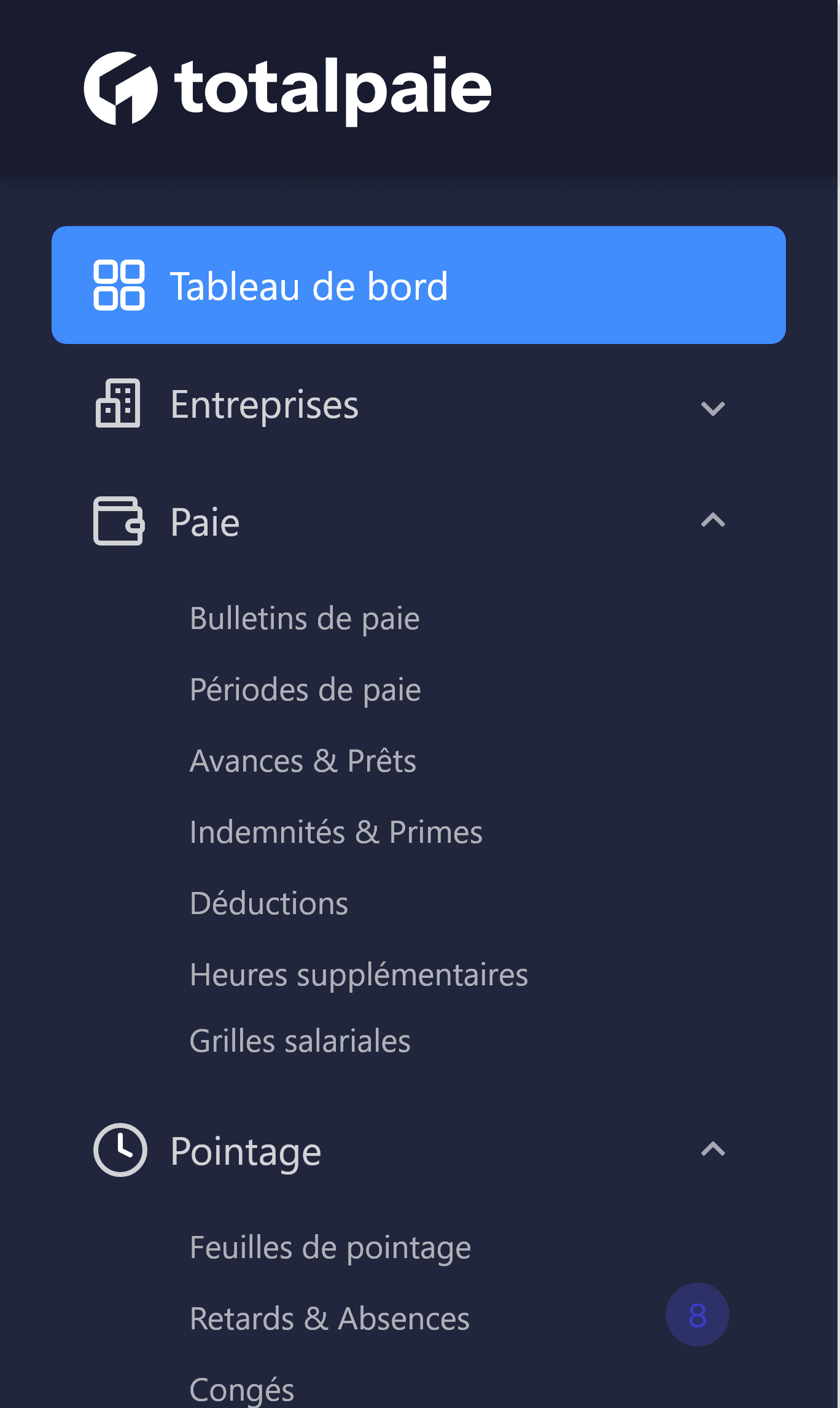 TotalPaie – vue tableau de bord paie et présences